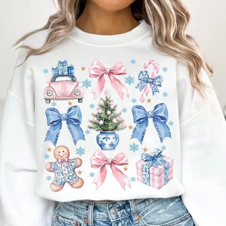 Coquette Chinoiserie Christmas Sweatshirt, Christmas Toile Sweater, Blue Floral Bow, Grandmillenial Christmas, Preppy...