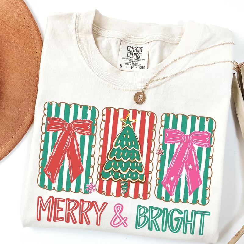 Coquette Christmas Shirt, Merry and Bright T-Shirt, Preppy Christmas Tree Shirt, Distressed Christmas Shirt Hoodie,...
