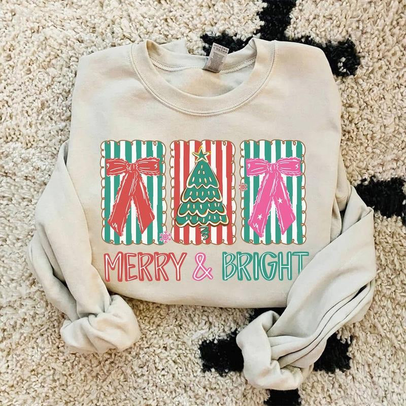 Coquette Christmas Sweatshirt, Merry and Bright Shirt, Christmas Tree Sweater, Cute Christmas Gift for Women, Christmas...