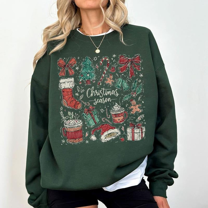 Coquette Christmas Sweatshirt, Preppy Christmas Tree, Distressed Christmas Shirt, Girly, Brushstroke Hoodie | PodTeesHub.com