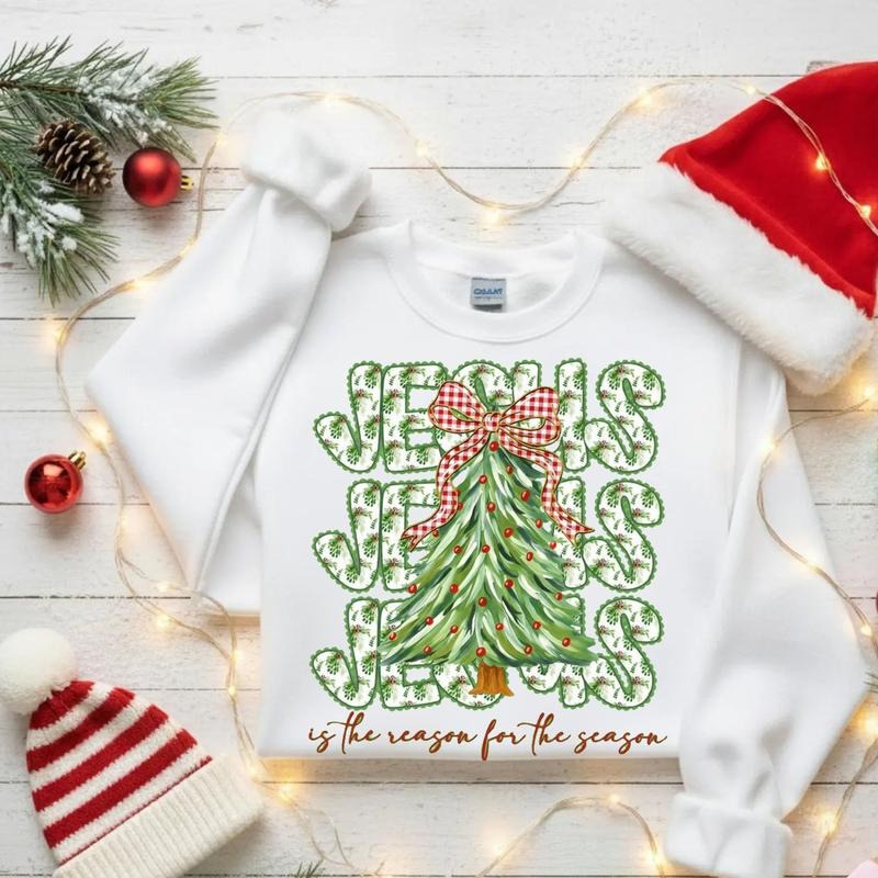 Coquette Floral Jesus Christmas Checkered Christian Sweater, Preppy Christmas Jesus Is The Reason Crewneck Sweatshirt,...