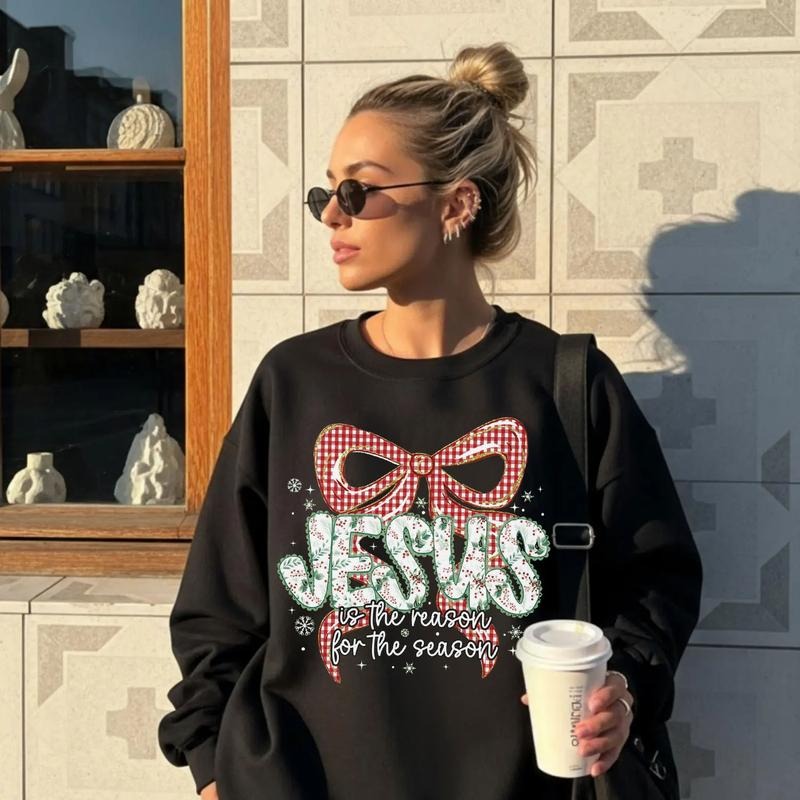 Coquette Floral Jesus Preppy Christmas Bow Sweater, Checkered Jesus Is The Reason Sweatshirt, Nativity Scene Xmas Gift...