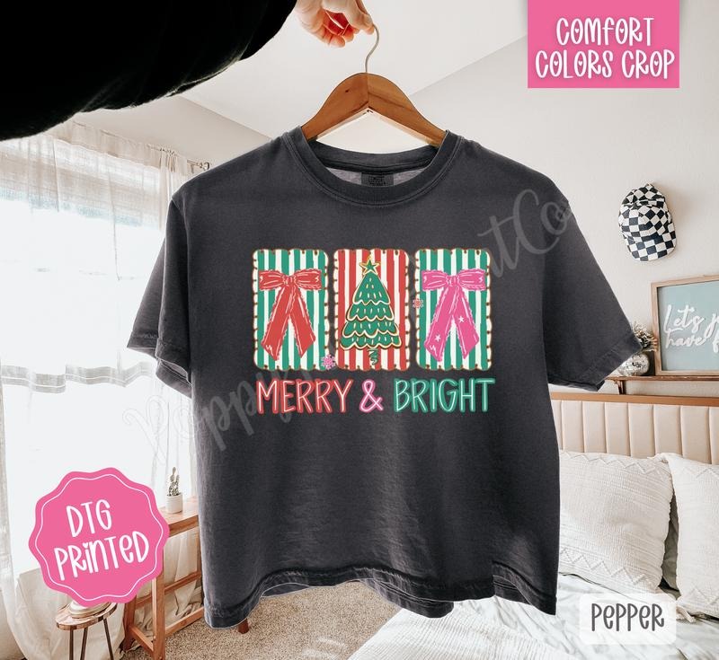 Coquette Merry & Bright Cropped Comfort Colors Tee, Trendy Christmas Tshirt for Women Hoodie, Sweatshirt | PodTeesHub.com