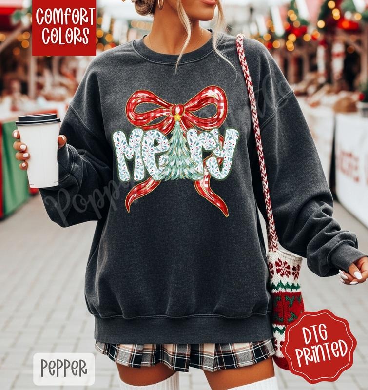 Coquette Merry Comfort Colors Sweatshirt, Trendy Women's Christmas Crewneck T-Shirts, Hoodie | PodTeesHub.com