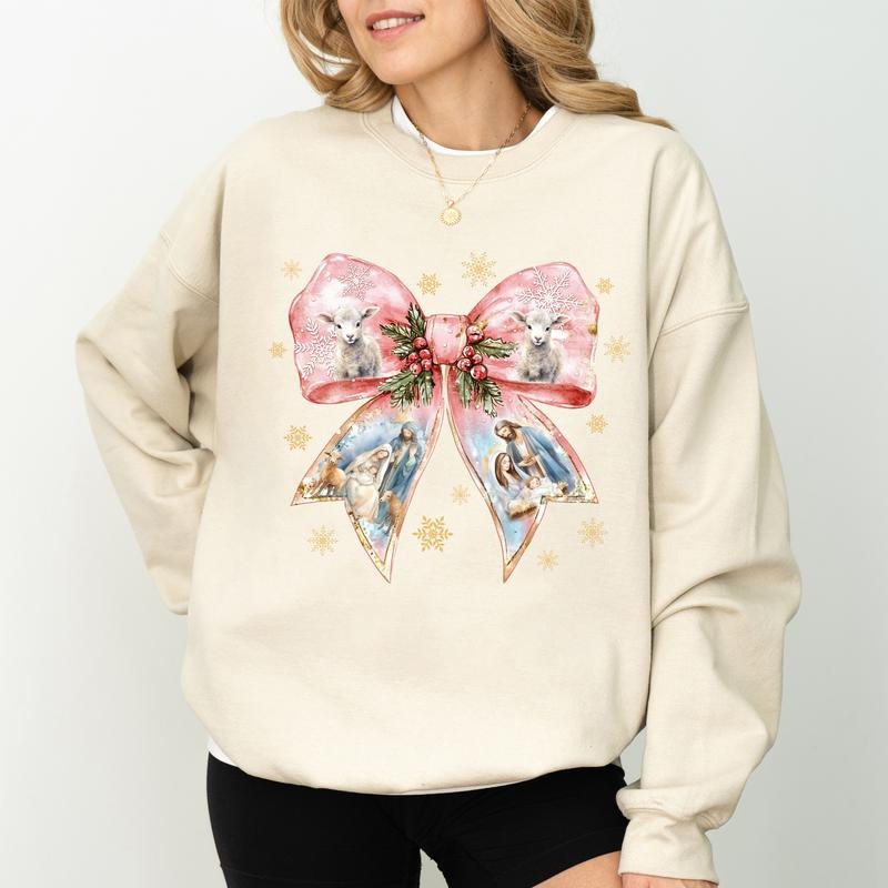 Coquette Nativity Scene Sweatshirt, Coquette Christmas Bow Crewneck, Jesus Lovers Long Sleeves Pullover, Christian...
