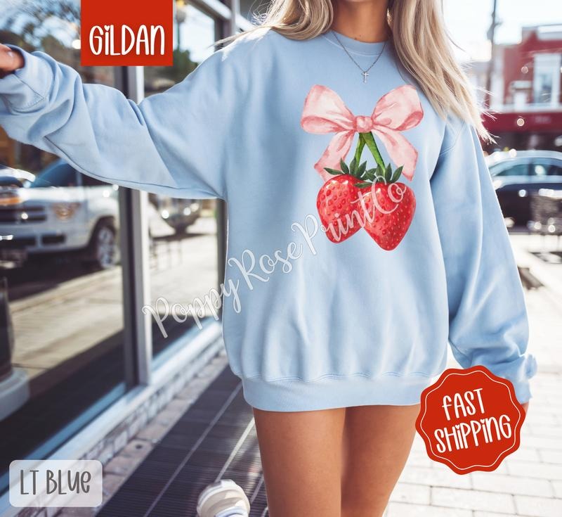 Coquette Strawberry Gildan Sweatshirt, Fruit Summer Sweater, Cute Women's Crewneck, Gift For Her T-Shirts, Hoodie