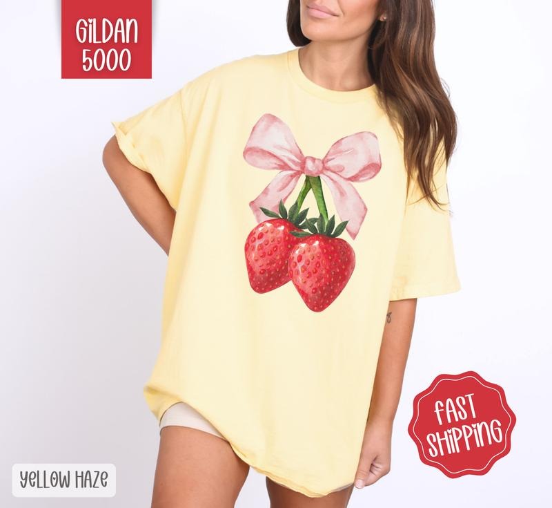 Coquette Strawberry Shirt Gildan, Cute Berry Bow Tee, Trendy Women's Tshirt Plus Sizes, Gift for Her Hoodie, Sweatshirt