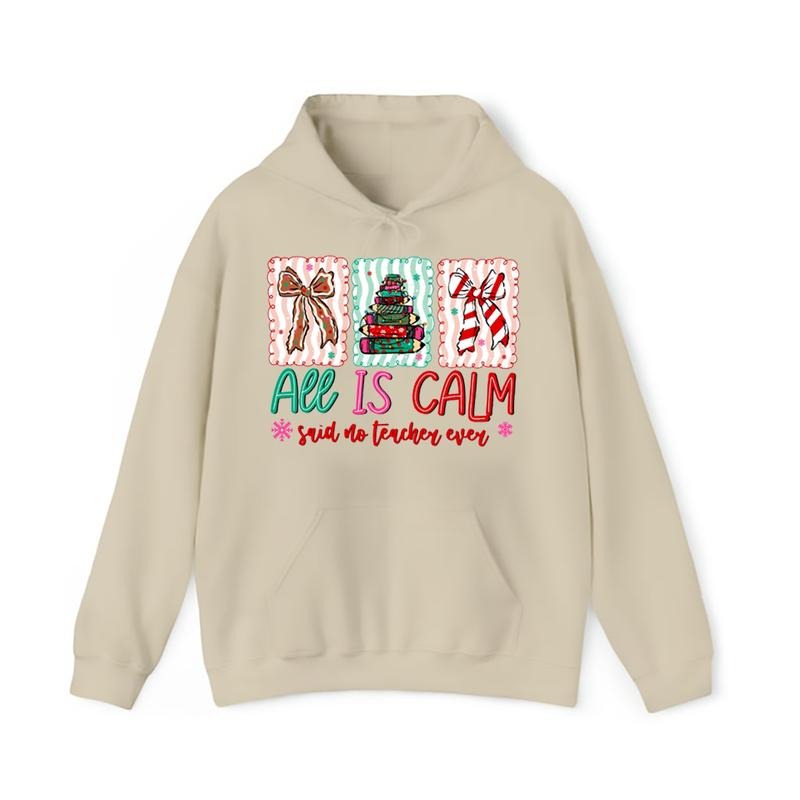 Coquette Teacher Christmas Hoodie and T-Shirt, All Is Calm Said No Teacher Ever Shirt, Cute Pencil Christmas Tree Top,...