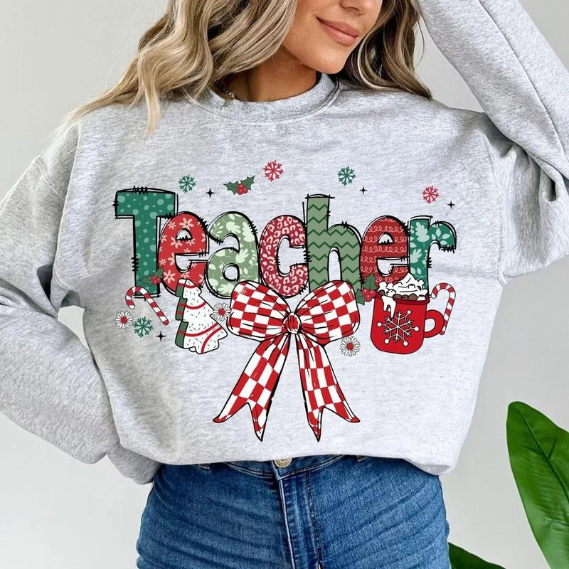 Coquette Teacher Christmas Sweatshirt and TShirt, Merry Xmas Teacher Shirt with Cute Christmas Bow, Holiday Teacher Gift...