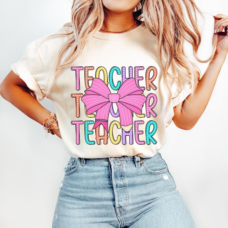 Coquette Teacher T-Shirt, Back to School T-Shirt,Teacher Appreciation Gift,Bright Doodle Dots,First Day of School...