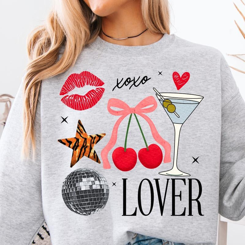 Coquette Valentines Retro Crewneck, Sweatshirt for Galentines, Cherries Bows Disco Retro Preppy T-Shirts, Hoodie