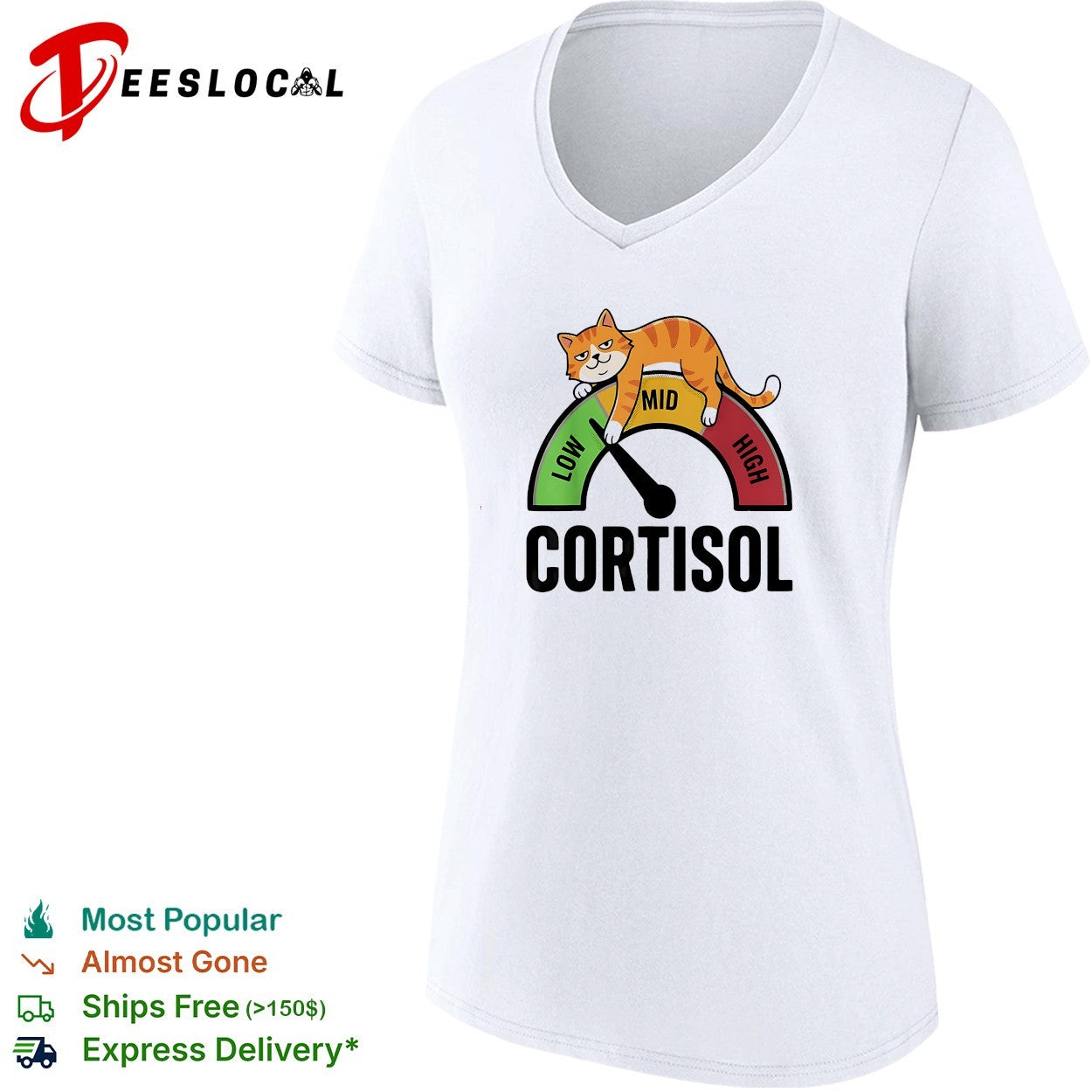 Cortisol cat lying on low mid high gauge shirt