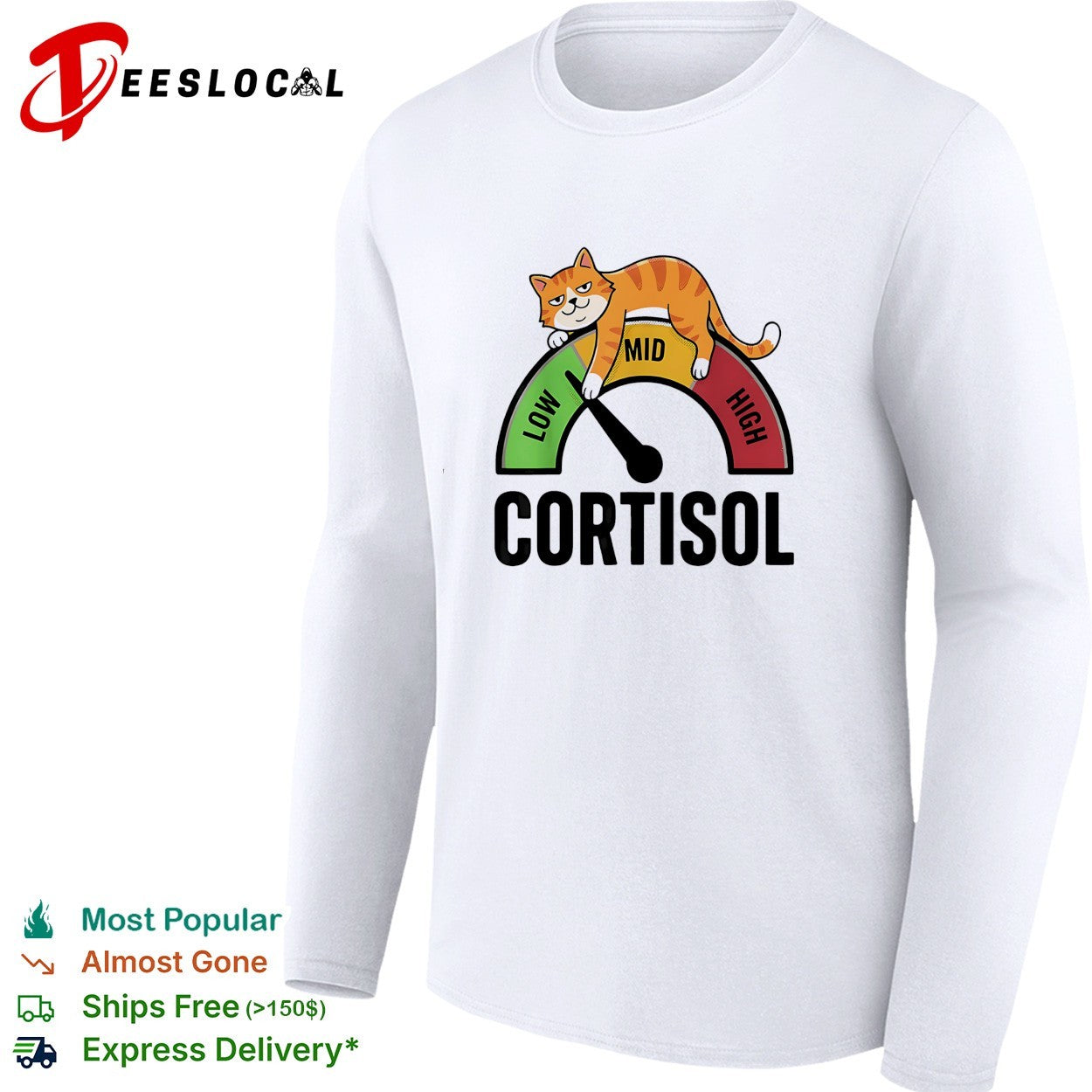 Cortisol cat lying on low mid high gauge shirt