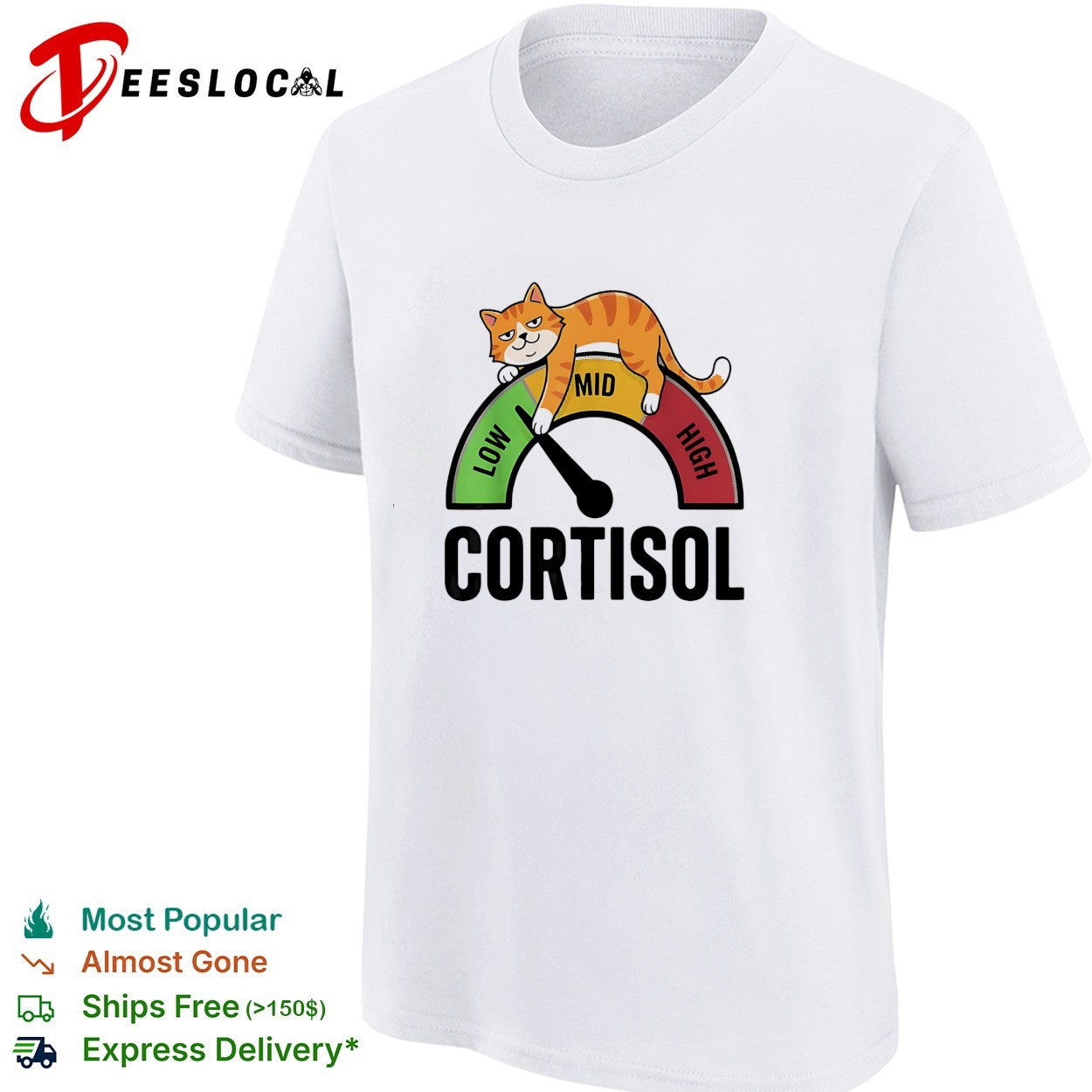 Cortisol cat lying on low mid high gauge shirt
