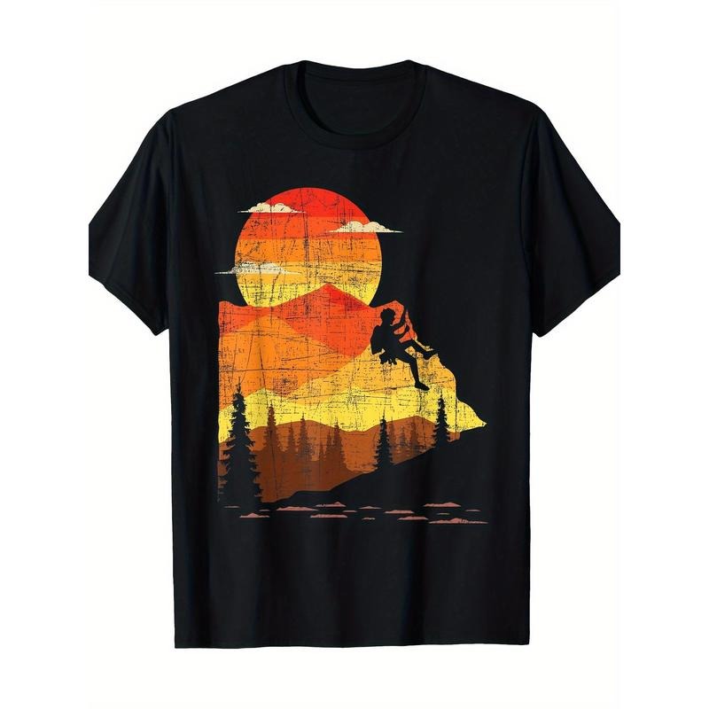 Cotton Knit Fabric T-Shirt with Retro Rock Climbing Sunset Print - Regular Fit Crew Neck Short Sleeve Tee - Casual...