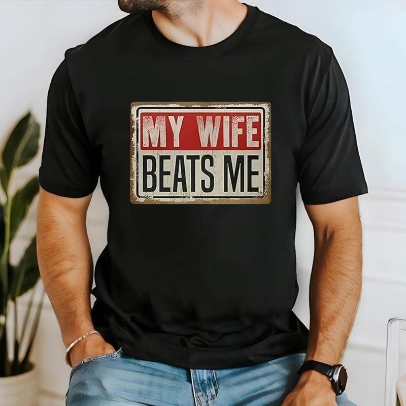 Cotton Short Sleeve T-Shirt Funny My Wife Beats Me Shirt, American Flag Husband and Wife Shirts, Husband Shirt for Men,...