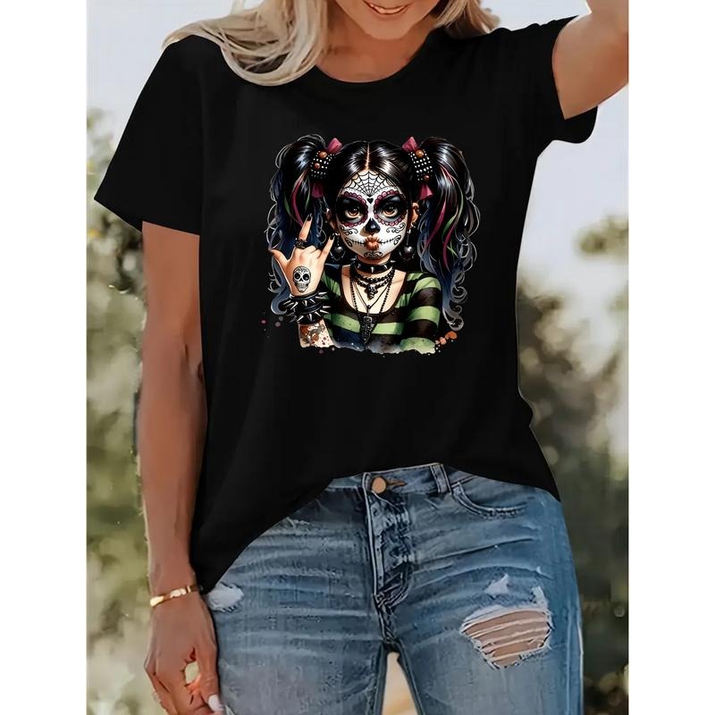 Cotton T-shirt for women plus size gothic face paint graphic for spooky nights Hoodie, Sweatshirt | PodTeesHub.com
