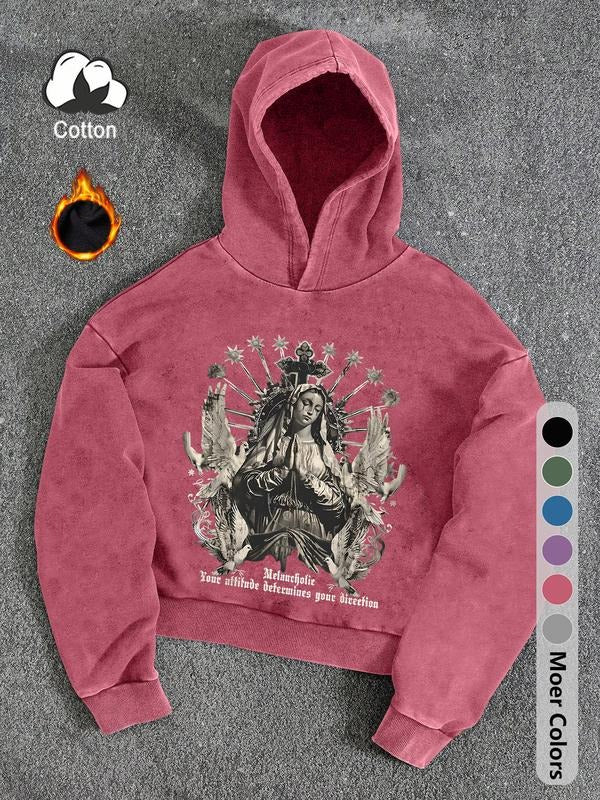 Cotton men's religious street hip-hop Y2K print retro style washed hooded sweatshirt fashion trend casual men's tops,...