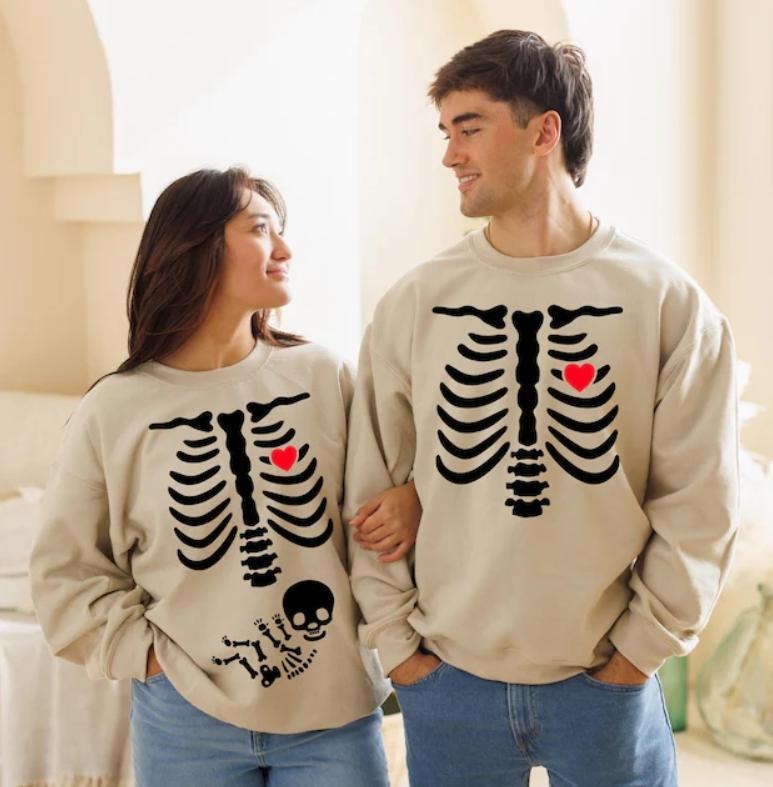 Couple Maternity Sweatshirt, Skeleton Halloween Pregnancy Announcement Matching Sweatshirt, Baby Reveal Gift For...