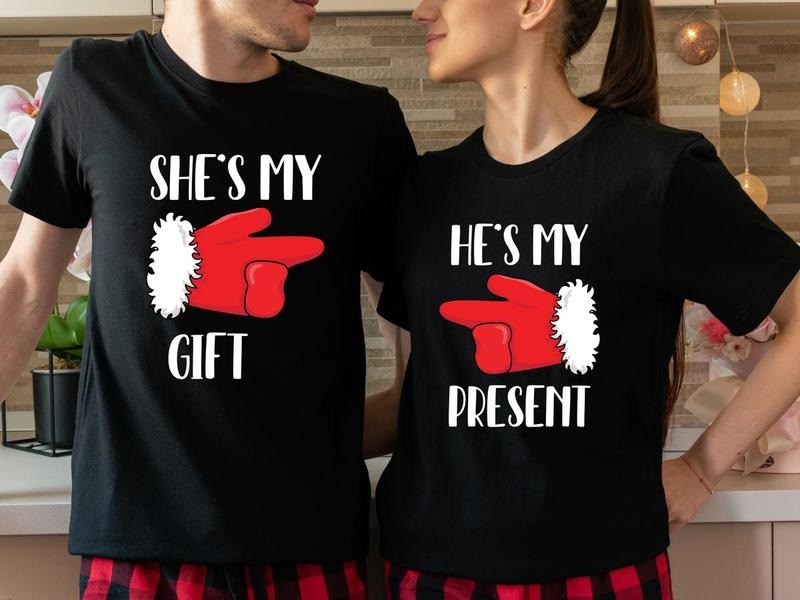 Couples Christmas Party Sweatshirt - T-shirt - Hoodie, She's My Gift Shirt, He's My Present T-Shirt, Husband Wife...