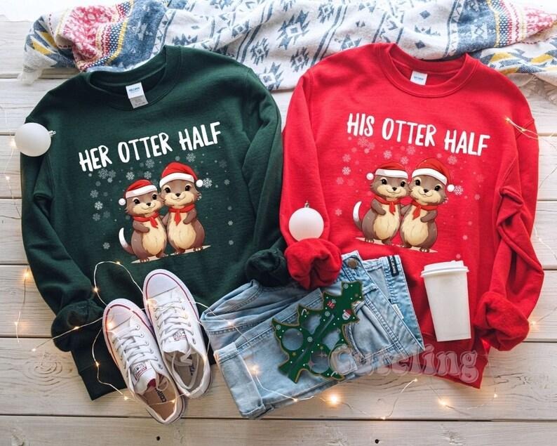 Couples Christmas Sweaters, Matching Otter Pun Holiday Sweatshirts, Funny Ugly Christmas Sweater Tees, Couple Xmas...