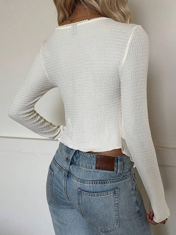 CovetEZ Casual Women's Sweetheart Neck Apricot Long Sleeve T-Shirt Ruched Semi-Sheer Knitted Fabric Flared Hem Regular...