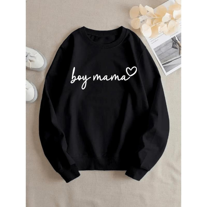 Cozy Boy Mama Print Sweatshirt For Women Stylish Crew Neck Long Sleeve Fall Winter Essential Casual Wear T-Shirts, Hoodie