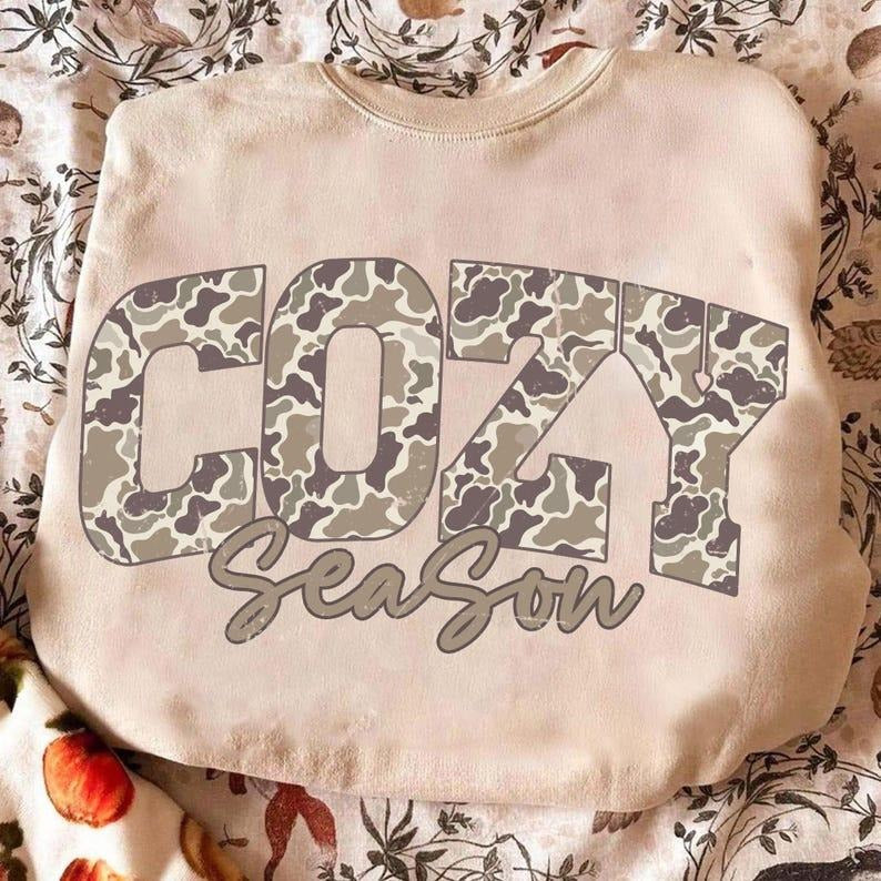 Cozy Season Camo Western Sweatshirt, Retro Camo Country Distressed Varsity Cowboy Shirt, Camouflage Sweater, Camo Cozy...