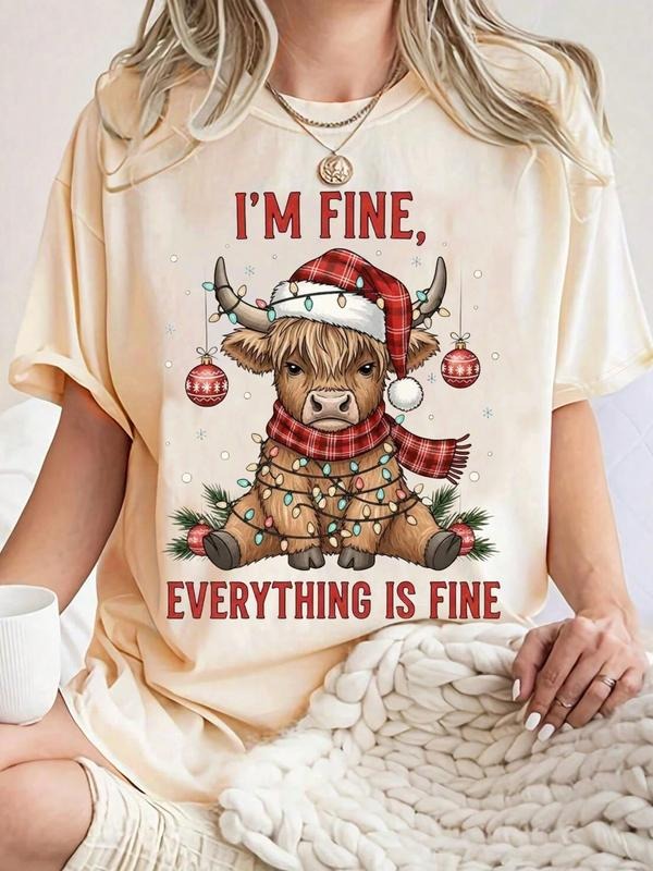 Cozy Women's Christmas Yak Print T-Shirt, Humorous "Everything Is Fine" Slogan Top for Daily Wear, All-Season Comfort Fit...