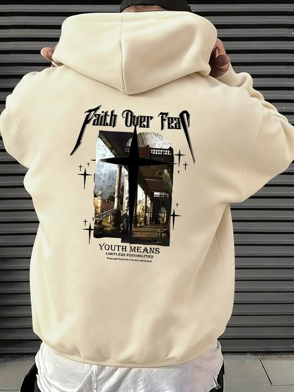 Cream Hoodie Faith over Fear Design, Anti-Christian Symbolism Graphic Print, Fitted Style Spring & Fall Season, Trendy...