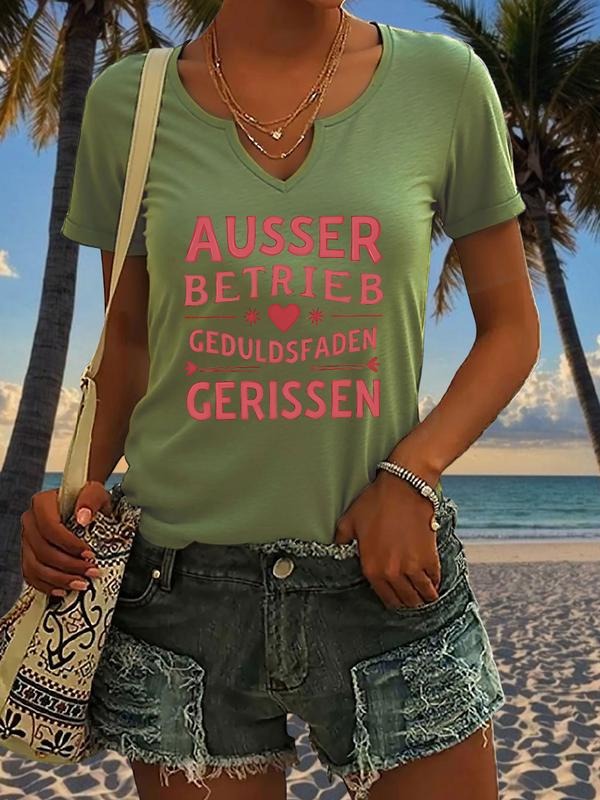 Creative Patience Line Break Letter Print T-Shirt, Trendy Summer Fitted Short Sleeve V-Neck Top for Women, Casual Fashion...