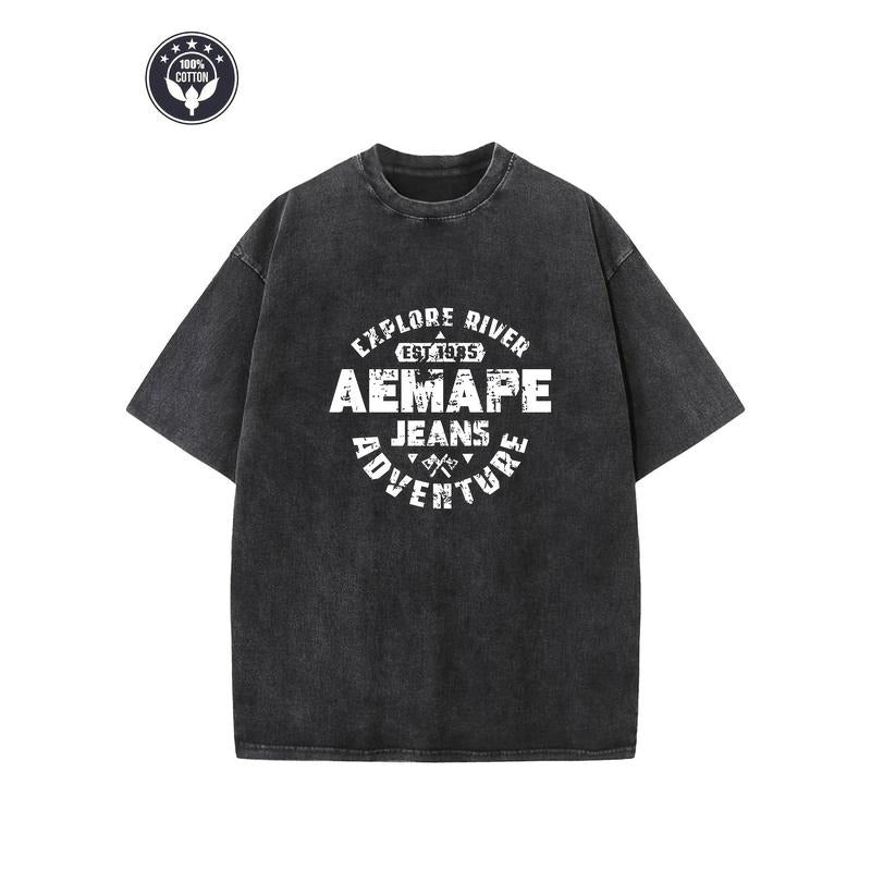 Creative Patterned Floral Heavy 230G Cotton Oversize Shoulder T-Shirt Washed T-Shirt Retro Street T-Shirt Basic T-Shirt...