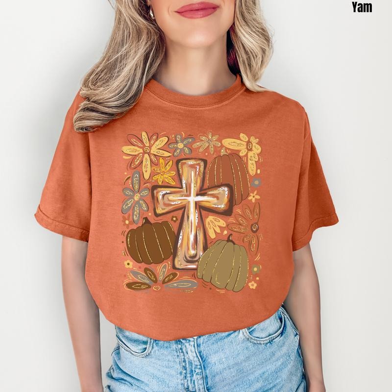 Cross & Pumpkin Fall Scene Comfort Colors T-Shirt 'NLB' Hoodie, Sweatshirt | PodTeesHub.com