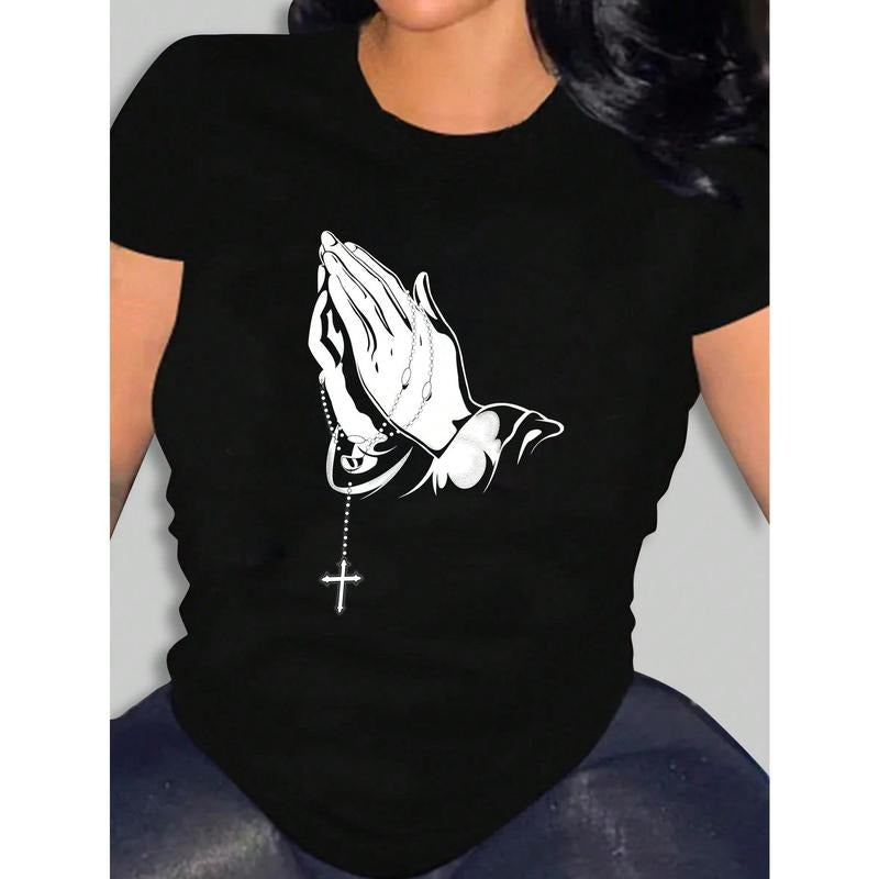 Cross Graphic Round Neck Short Sleeve Fitted Women T-Shirt, Casual For Summer Suitable For Going Out Hoodie, Sweatshirt