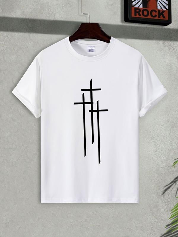Cross Letter Print T-Shirt, Short Sleeve Casual Fitted Top, Summer Fashion Kint Fabric, Trendy Four Seasons Wear Hoodie,...