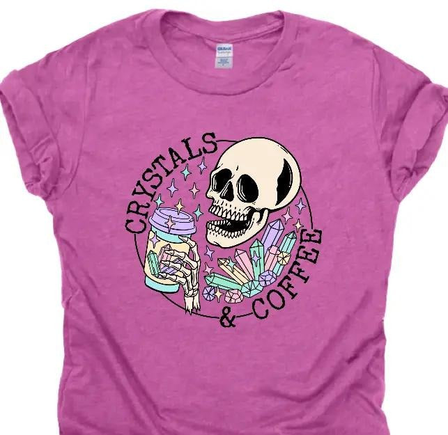 Crystals and Coffee Softstyle Tee - T-Shirt with Skull and Crystal Design for Comfortable Everyday Wear Hoodie, Sweatshirt