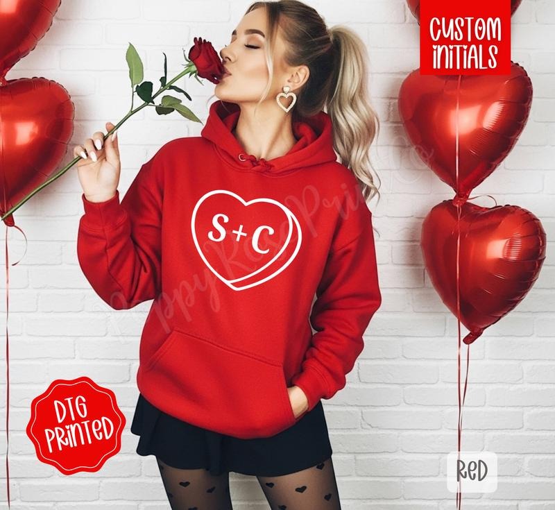 Custom Initial Valentine Hoodie, Trendy Women's Valentine Hooded Sweater T-Shirts, Sweatshirt | PodTeesHub.com