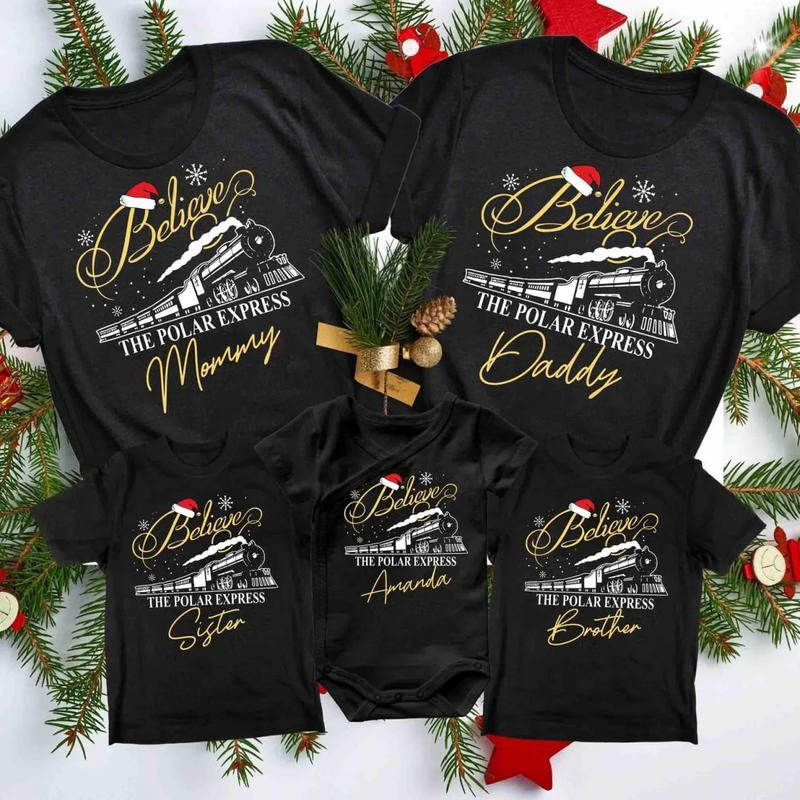 Custom Name Polar Express Family Vacation Shirts, Xmas Crewneck Sweater, Believe Christmas Pajamas for Family, Polar...