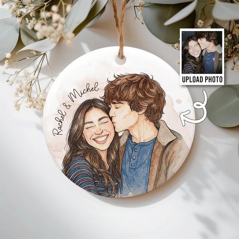 Custom Photo Ornament, Personalized Watercolor Ornaments, Christmas Gifts 2025, Ceramic Ornament, Couple Accessories,...