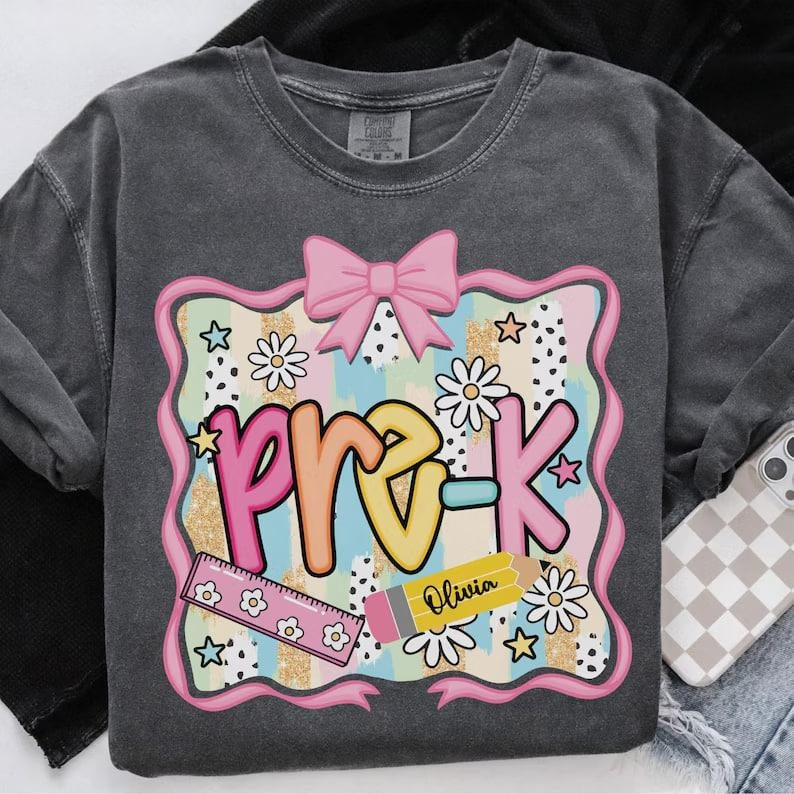 Custom preppy Pre-K tee for girls - great for Pre-K teachers or first day of school outfits with a cute, fun vibe....