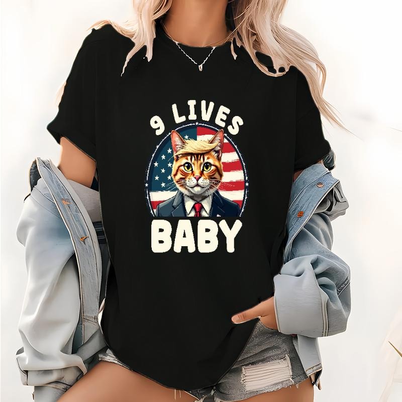 Cute "9 Lives Baby" Cat Trump Women's T - Shirt with American Flag Background Hoodie, Sweatshirt | PodTeesHub.com
