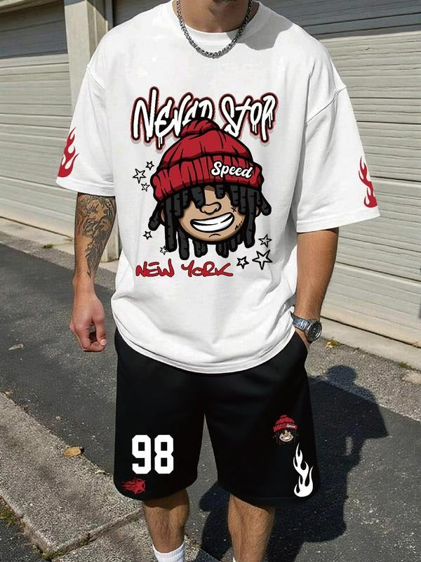 Cute Cartoon Character Print T-Shirt Set, Casual Summer Wear, Fitted Short Sleeve Design, Comfortable Daily Hoodie,...