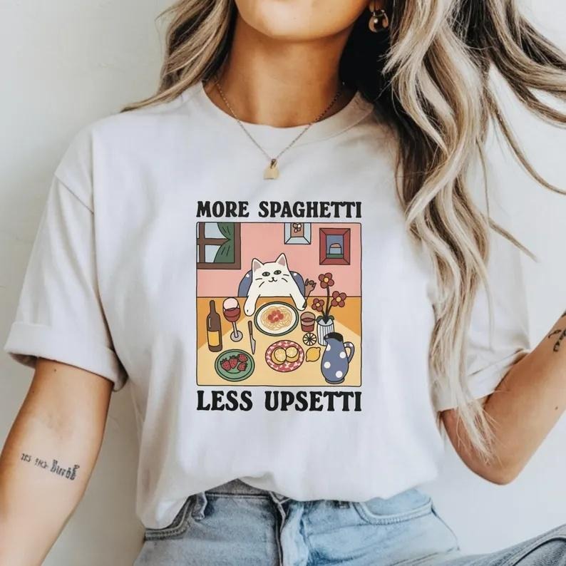 Cute Cat Art More Spaghetti Less Upsetti T-Shirt Funny Italian Food Lover Tee Adorable Cat Eating Pasta Shirt SpringMug...