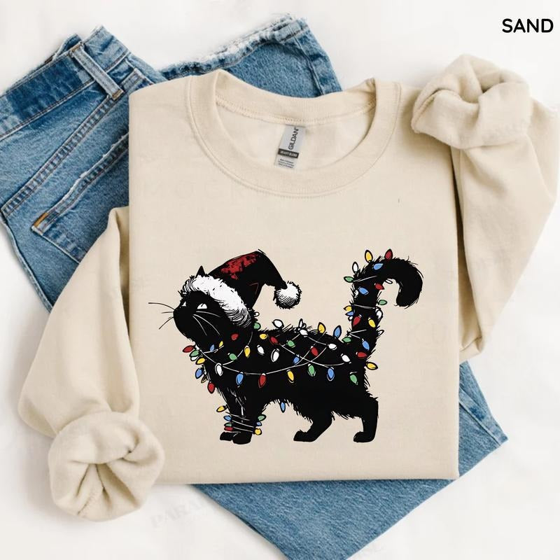 Cute Cat Christmas Sweatshirt, Cat Mom Gift, Retro Winter Vibes Shirt, Christmas Gifts, Women Top, For Woman Hoodie