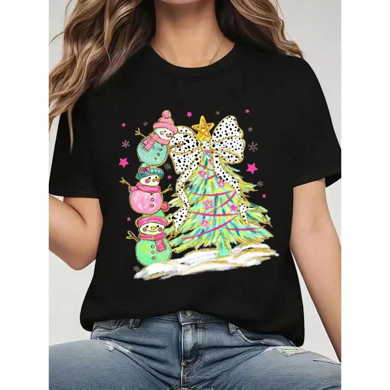 Cute Christmas Tree And Snowmen Printed White T-Shirt For Women, Festive Holiday Design With Stars And Bow, Perfect For...