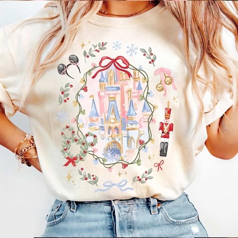 Cute Coquette Bow Castle Christmas Shirt, Cartoon Very Merry Christmas Party Girl Trip Shirt, Christmas Family Matching...