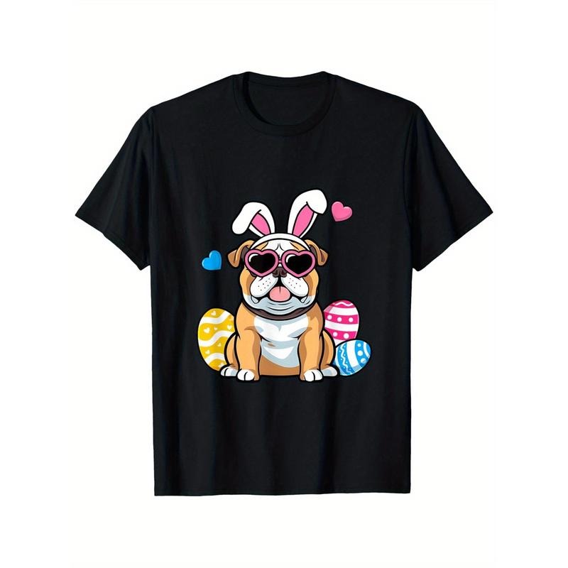 Cute English Bulldog Dog Bunny Ears Glasses Easter Day T-Shirt, Suitable for Mens & Womens Outdoor T-Shirt, 100%cotton...