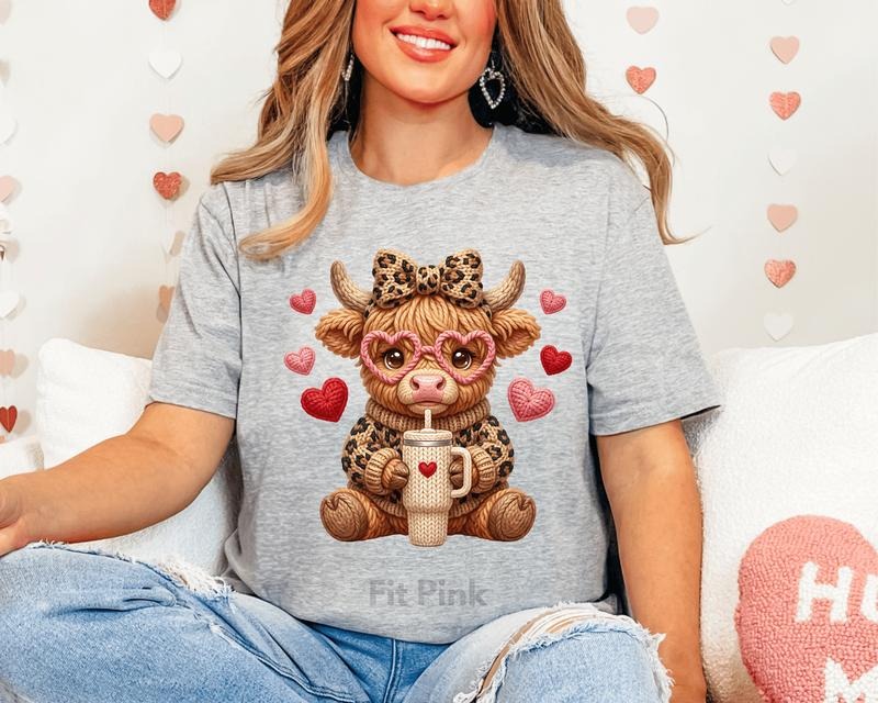 Cute Faux Knit Valentine Highland Cow Tshirt - Festive Leopard Print Valentine Day Unisex Oversized Casual T-Shirt for Women