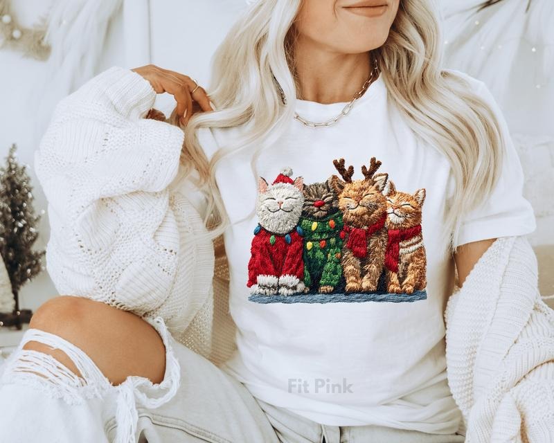 Cute Festive Cats  Christmas Shirt- Holiday Graphic Tee - Christmas Cat Casual Winter Softstyle Unisex T-Shirt Hoodie,...