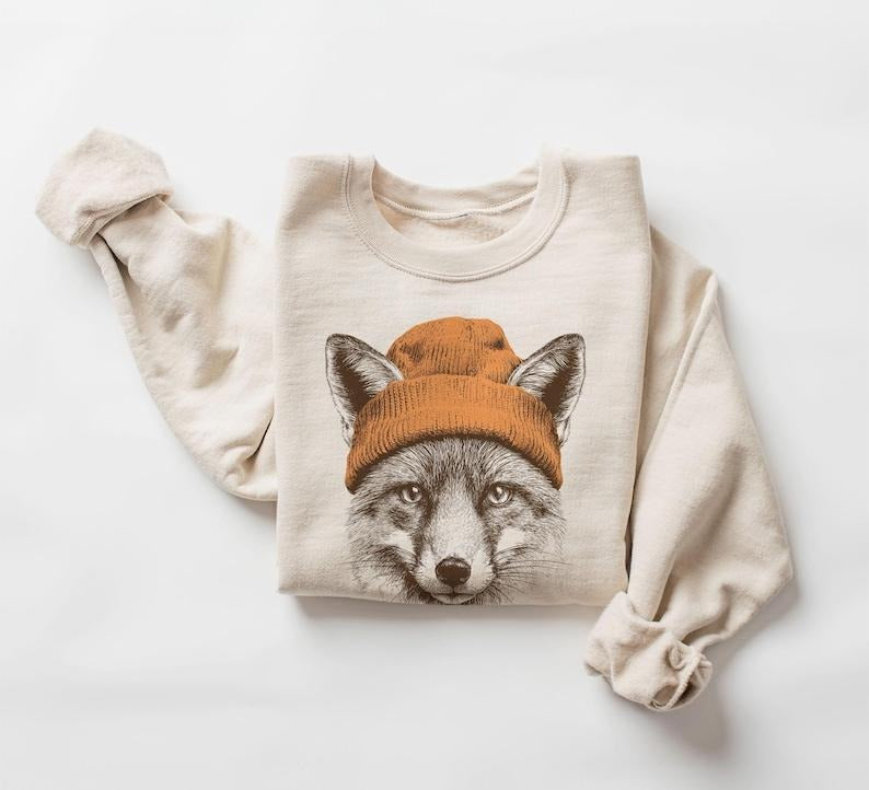 Cute Fox With Beanie Sweatshirt, Retro Wildlife Shirt, Winter Adventure Tee, Nature Animal Top, Cozy Outdoor Outfit Hoodie